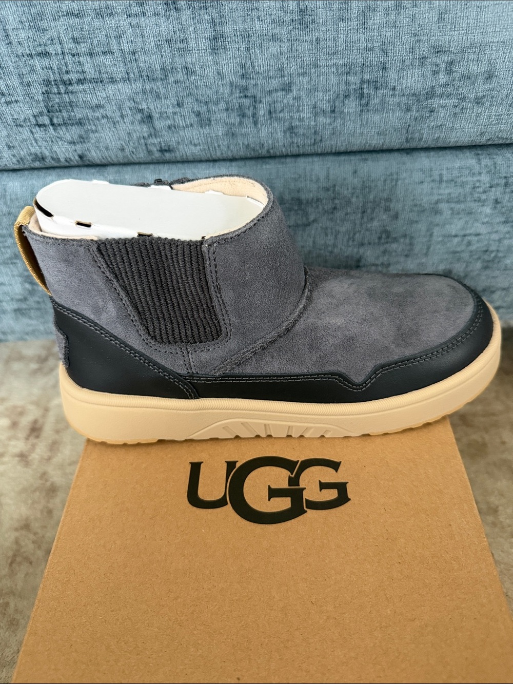 UGG Kids Hamdi Gray Suede Chelsea Boot with Black Trim and Cream Sole